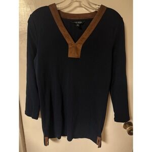 Lauren Ralph Lauren Tunic Top Blouse Womens Large Suede Trim Neck Black - L